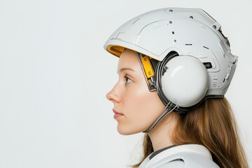 Poster - Female figure in futuristic helmet representing artificial intelligence and standardized ethics