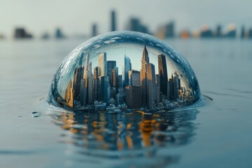 Poster - A mesmerizing soap bubble captures a stunning city skyline reflecting in its surface, showcasing a blend of architecture and tranquility by the water.