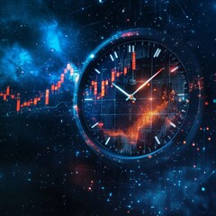 Poster - Dynamic Clock Surrounded by Bright Financial Data Visualization in a Digital Universe