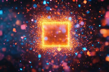 Poster - a vibrant abstract background featuring a glowing square frame surrounded by colorful particles and 