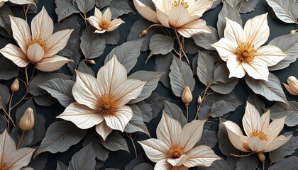 Poster - Beige flowers with gray leaves on dark background. Floral design with three-dimensional ceramic wall tiles. Generative AI texture for kitchen, bath interior. Elegant backdrop for modern home decor.