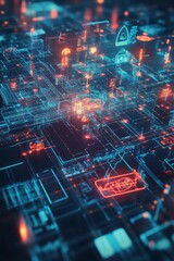 Poster - Explore a vibrant futuristic digital city with neon lights and complex cybernetic elements, showcasing an abstract design of technology and connectivity.