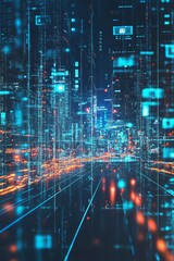 Poster - Futuristic Digital Cityscape Visualization with Glowing Neon Lights and Data Flowing Through Urban Environment