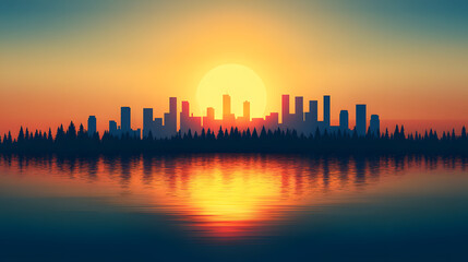Poster - Beautiful sunset reflecting over a city skyline and calm water