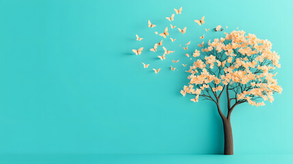 Aufkleber - Colorful tree with butterflies on a vibrant turquoise background