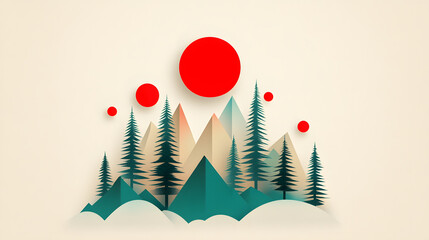 Poster - Colorful landscape with trees, mountains, and a bright sun