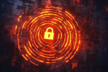Poster - This image illustrates a glowing lock symbol surrounded by concentric circles, representing data protection and cybersecurity in a digital environment.