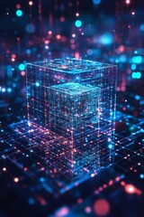 Poster - Futuristic 3D Data Visualization Of A Glowing Cube Surrounded By A Matrix Of Colorful Light Sparks