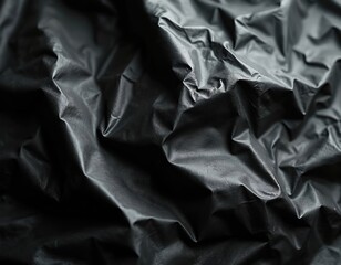 Aufkleber - Monochrome texture of black crumpled plastic bag background. Wrinkled nylon garbage foil with light effect. Transparent polyethylene wrap overlay. Dark abstract design business template with shiny
