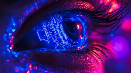 Poster - Cybernetic Eye Stares; Bright Neon Colors Highlight Futuristic Technology Detail