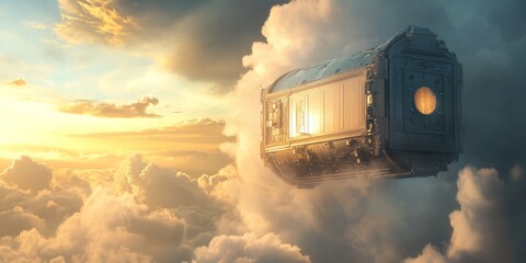 Poster - Futuristic Floating Structure Surrounded by Clouds and Illuminated by Sunset Light