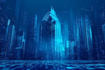 Poster - Futuristic Urban Landscape with Neon Blue Illumination and Abstract Architectural Design in Night