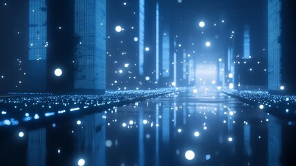 Poster - Futuristic Digital Landscape with Glowing Blue Lights and Reflections in a Serene Atmosphere
