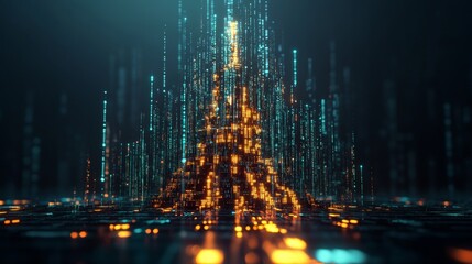 Poster - Futuristic Digital Landscape with Neon Lights and Data Points Creating a Vibrant Matrix Effect