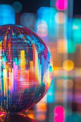 Poster - A vibrant digital globe showcases data visualization with colorful bars against a blurred light background, highlighting modern technology and creativity in business analysis.