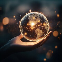 Poster - Glowing Earth Sphere in Hand with Light Sparks and Bokeh Elements