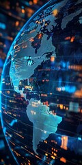 Poster - This striking image showcases a glowing earth globe surrounded by dynamic data streams and city lights, emphasizing global connectivity and modern technology.