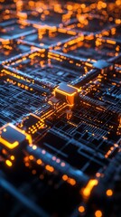 Poster - close up view of abstract circuit board with blue and orange luminous connections and patterns