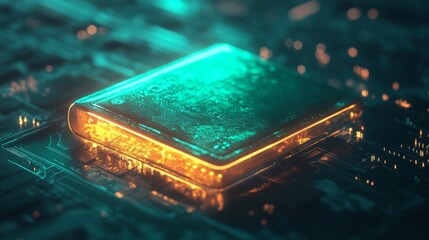 Poster - Glowing Microchip on a Circuit Board with Neon Lights in a Futuristic Technology Setting