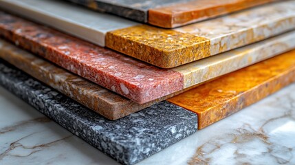 Poster - Stack of colorful marble tiles showcasing various textures and patterns on a marble surface