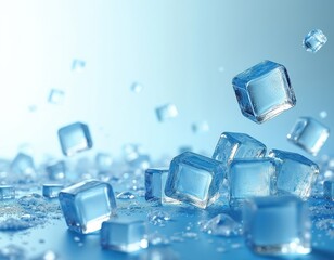 Poster - Icy light blue surface with ice cubes scattered around. Crystalline texture, frosty pattern. Shimmering effect creates cool atmosphere. Perfect background wallpaper, refreshment concept. Coldness.