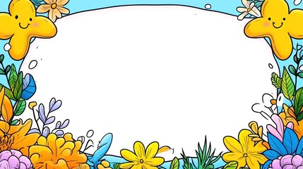 Aufkleber - Floral Frame Happy star figures, foliage, flowers, with light blue background for text/image