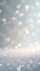 Poster - White silver shiny glitter background. Silver bokeh of lights. Luxury glittering texture. Sparkle, shine light effects. Glistering sparks. Design template. Decoration for Christmas, New Year, festive