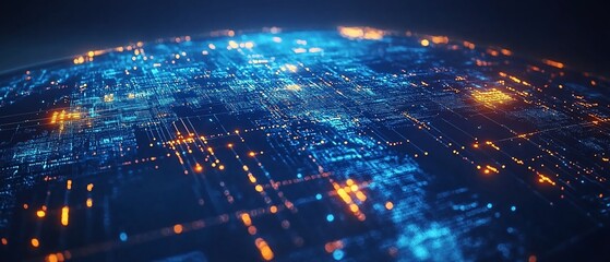 Poster - digital planet glowing with data transfer, dark background, abstract