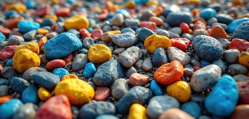 Poster - Colorful pebbles cover surface. Stones small rocks textured ground material. Vivid mix of hues ideal for geology, construction or design projects. Close-up showcases natural earth elements.