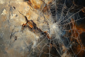 Poster - This artwork features an intricate spider web design against a textured dark background, showcasing delicate lines and a captivating blend of colors and shadows.