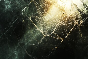 Poster - This captivating image features an intricate spider web against a dark background. Warm light accentuates the delicate texture and creates an enchanting atmosphere.