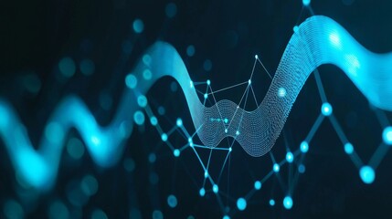 Poster - The background is an abstract 3D render that includes a graph made up of tiny dot particles, showcasing financial details and intricate repeating graphs