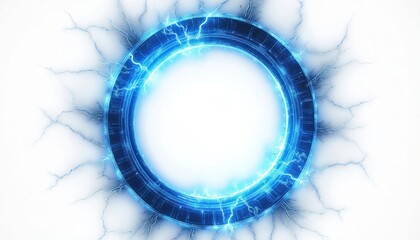 Poster - Glowing electric blue lightning round frame with plasma portal on white background. illustration of isolated light magic night storm plasma portal power realistic thunder round strike glow flash