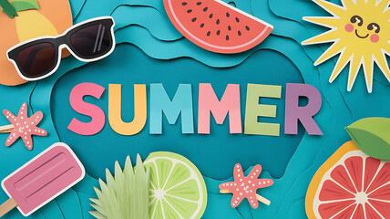 Poster - Hello Summer Greeting  3d Vector | Typography with Sun & Palm Tree | Paper Cut Style | Blue Dot Pattern Background | Vibrant Summer Design