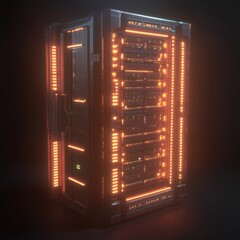 Poster - Illuminated Data Server Rack with Neon Lights Showcasing Modern Technology Infrastructure