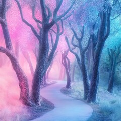 Poster - A vibrant, enchanted forest path winds through colorful pink and blue trees, creating a surreal atmosphere perfect for nature lovers and dreamers.
