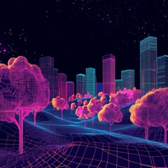 Poster - Futuristic Urban Landscape with Neon Trees and Digital Cityscape at Night