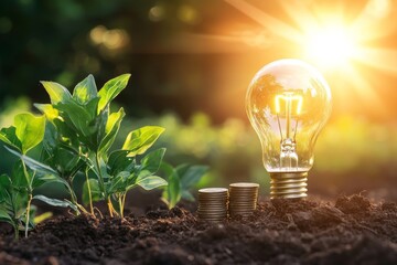 Poster - Concept of saving energy and finance represented by a lightbulb with a tree and coins on soil against a sunny background