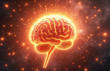 Fototapete - Radiant human brain surrounded by glowing sparks intelligence, creativity, thought, innovation power. Neural activity, science, mind, bright cognition, learning concept. Energy visualisation, glow,
