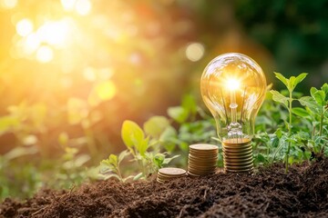 Poster - A lightbulb, tree, and coins on soil set against a sunshine background symbolize the concept of energy and financial savings