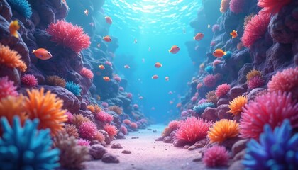 Aufkleber - Underwater world illustration with vibrant coral reef ecosystem and small fishes. Fantasy game wallpaper with colorful flora and fauna, sunlight on water surface. Marine wildlife exploration.