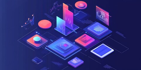 Poster - futuristic abstract digital visualization with colorful geometric shapes and patterns with lights