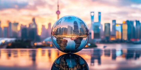 Poster - A stunning reflective globe captures a vibrant city skyline during sunset, showcasing colorful lights and architecture in a tranquil atmosphere.