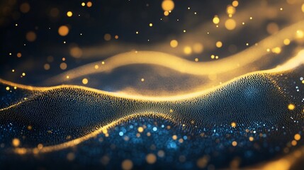 Canvas Print - abstract waves of gold and blue particles flowing smoothly against a soft dark background