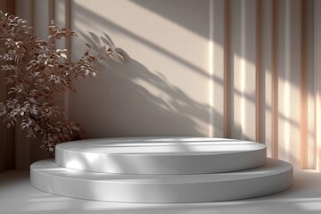 Poster - A white background features a vacant podium or pedestal with a cylindrical stand, showcasing a product display concept, along with a blank shelf standing as a backdrop, all created through 3D