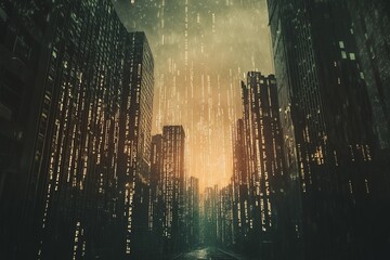 Poster - Urban Landscape with Tall Buildings and Abstract Light Patterns