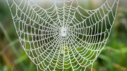 Dew-covered spiderweb in a green field.