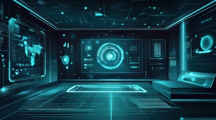 Fototapete - Futuristic Tech Room Interior Design:  Cyberpunk Style Digital Interface Displays and Holographic Screens