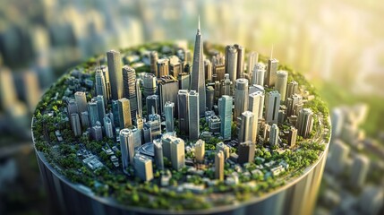 Poster - Explore a stunning aerial view of a futuristic urban city, featuring skyscrapers integrated with lush green spaces, showcasing modern and eco-friendly architecture.