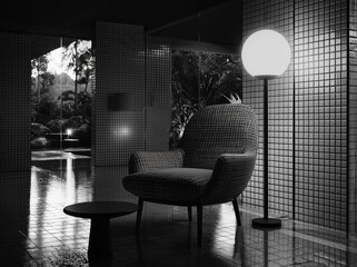Poster - A modern room features a design chair as part of its interior architecture